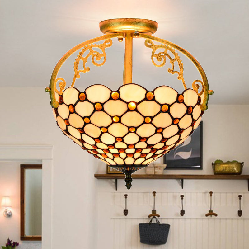 Cut Glass Beige Semi Flush Mount Ceiling Fixture Beaded 2 Lights Tiffany Stylish Ceiling Flush Clearhalo 'Ceiling Lights' 'Close To Ceiling Lights' 'Close to ceiling' 'Glass shade' 'Glass' 'Semi-flushmount' 'Tiffany close to ceiling' 'Tiffany' Lighting' 359322