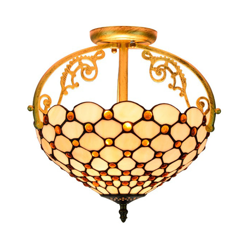 Cut Glass Beige Semi Flush Mount Ceiling Fixture Beaded 2 Lights Tiffany Stylish Ceiling Flush Clearhalo 'Ceiling Lights' 'Close To Ceiling Lights' 'Close to ceiling' 'Glass shade' 'Glass' 'Semi-flushmount' 'Tiffany close to ceiling' 'Tiffany' Lighting' 359323