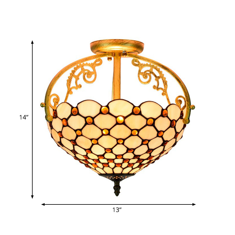 Cut Glass Beige Semi Flush Mount Ceiling Fixture Beaded 2 Lights Tiffany Stylish Ceiling Flush Clearhalo 'Ceiling Lights' 'Close To Ceiling Lights' 'Close to ceiling' 'Glass shade' 'Glass' 'Semi-flushmount' 'Tiffany close to ceiling' 'Tiffany' Lighting' 359325