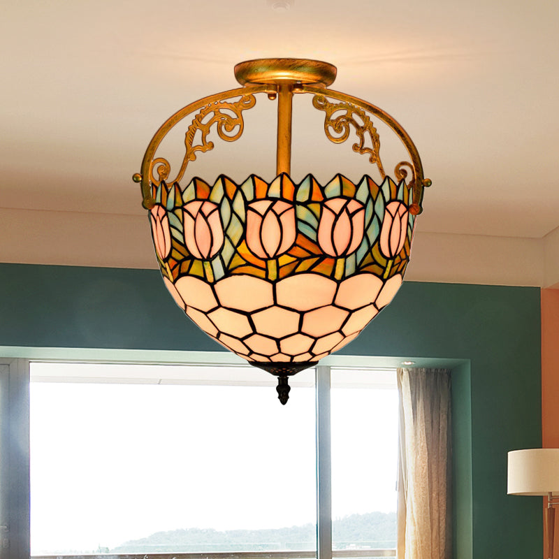 Floral Semi-Flush Mount Tiffany Stained Glass 2 Lights Beige Ceiling Light Fixture for Kitchen Beige Clearhalo 'Ceiling Lights' 'Close To Ceiling Lights' 'Close to ceiling' 'Glass shade' 'Glass' 'Pendant Lights' 'Semi-flushmount' 'Tiffany close to ceiling' 'Tiffany' Lighting' 359337