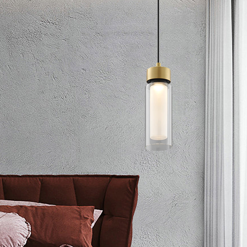 Simplicity 1 Light Drop Lamp Black and Gold Cylindrical LED Down Mini Pendant with Clear Glass Shade Clearhalo 'Ceiling Lights' 'Glass shade' 'Glass' 'Modern Pendants' 'Modern' 'Pendant Lights' 'Pendants' Lighting' 359343