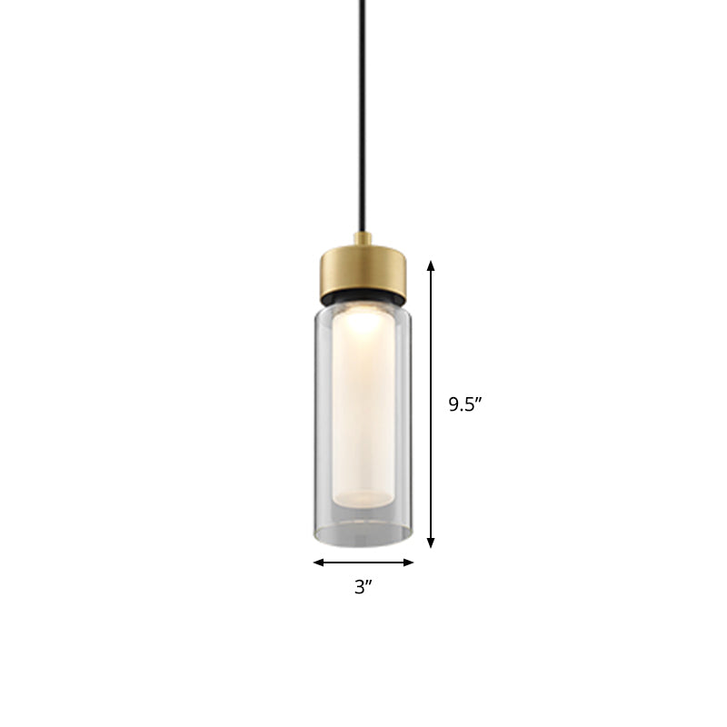 Simplicity 1 Light Drop Lamp Black and Gold Cylindrical LED Down Mini Pendant with Clear Glass Shade Clearhalo 'Ceiling Lights' 'Glass shade' 'Glass' 'Modern Pendants' 'Modern' 'Pendant Lights' 'Pendants' Lighting' 359346