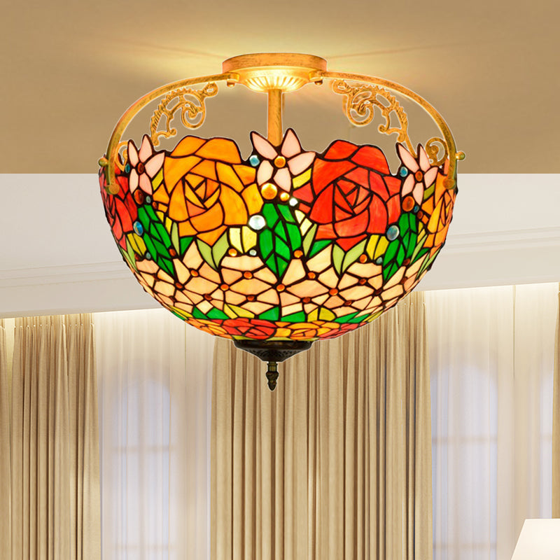 Cut Glass Rose Semi Flush Lighting Mediterranean 3 Lights Beige/Pink/Orange Ceiling Mounted Fixture Beige Clearhalo 'Ceiling Lights' 'Close To Ceiling Lights' 'Close to ceiling' 'Glass shade' 'Glass' 'Pendant Lights' 'Semi-flushmount' 'Tiffany close to ceiling' 'Tiffany' Lighting' 359375