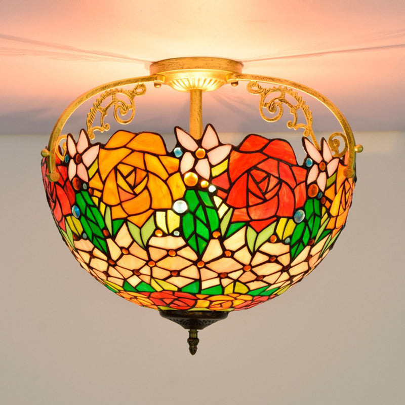 Cut Glass Rose Semi Flush Lighting Mediterranean 3 Lights Beige/Pink/Orange Ceiling Mounted Fixture Clearhalo 'Ceiling Lights' 'Close To Ceiling Lights' 'Close to ceiling' 'Glass shade' 'Glass' 'Pendant Lights' 'Semi-flushmount' 'Tiffany close to ceiling' 'Tiffany' Lighting' 359378