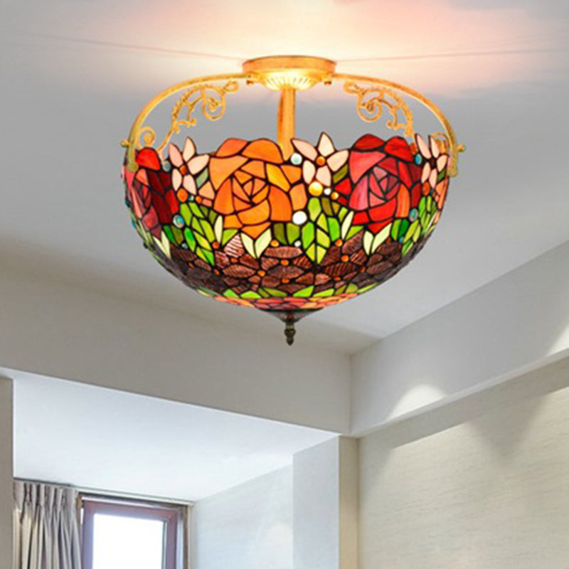 Cut Glass Rose Semi Flush Lighting Mediterranean 3 Lights Beige/Pink/Orange Ceiling Mounted Fixture Brown Clearhalo 'Ceiling Lights' 'Close To Ceiling Lights' 'Close to ceiling' 'Glass shade' 'Glass' 'Pendant Lights' 'Semi-flushmount' 'Tiffany close to ceiling' 'Tiffany' Lighting' 359380