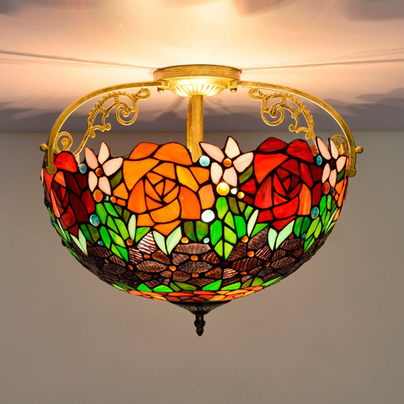 Cut Glass Rose Semi Flush Lighting Mediterranean 3 Lights Beige/Pink/Orange Ceiling Mounted Fixture Clearhalo 'Ceiling Lights' 'Close To Ceiling Lights' 'Close to ceiling' 'Glass shade' 'Glass' 'Pendant Lights' 'Semi-flushmount' 'Tiffany close to ceiling' 'Tiffany' Lighting' 359382