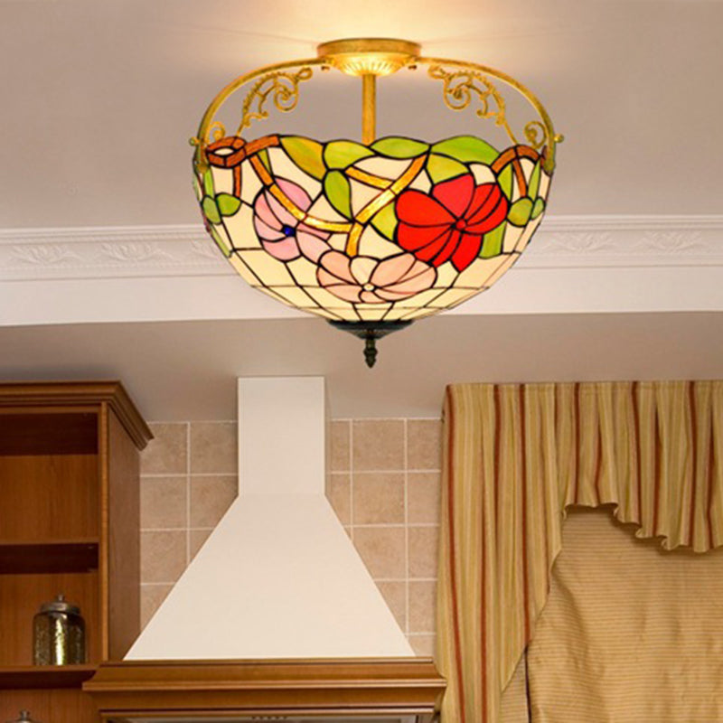 Cut Glass Rose Semi Flush Lighting Mediterranean 3 Lights Beige/Pink/Orange Ceiling Mounted Fixture Pink Clearhalo 'Ceiling Lights' 'Close To Ceiling Lights' 'Close to ceiling' 'Glass shade' 'Glass' 'Pendant Lights' 'Semi-flushmount' 'Tiffany close to ceiling' 'Tiffany' Lighting' 359384