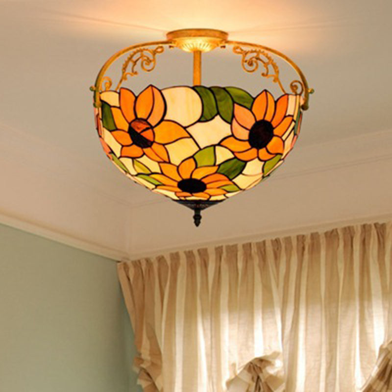 Cut Glass Rose Semi Flush Lighting Mediterranean 3 Lights Beige/Pink/Orange Ceiling Mounted Fixture Orange Clearhalo 'Ceiling Lights' 'Close To Ceiling Lights' 'Close to ceiling' 'Glass shade' 'Glass' 'Pendant Lights' 'Semi-flushmount' 'Tiffany close to ceiling' 'Tiffany' Lighting' 359388