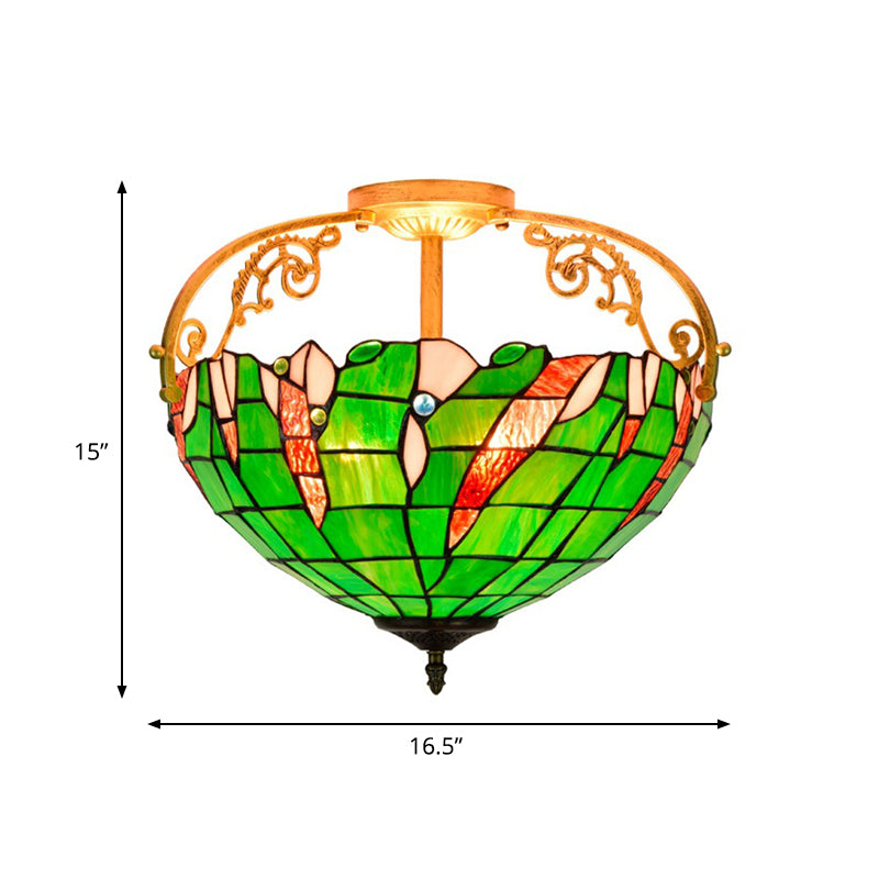 Green Bowl Semi Flush Lighting Tiffany 3 Lights Stained Glass Close to Ceiling Lamp for Bedroom Clearhalo 'Ceiling Lights' 'Close To Ceiling Lights' 'Close to ceiling' 'Glass shade' 'Glass' 'Pendant Lights' 'Semi-flushmount' 'Tiffany close to ceiling' 'Tiffany' Lighting' 359402