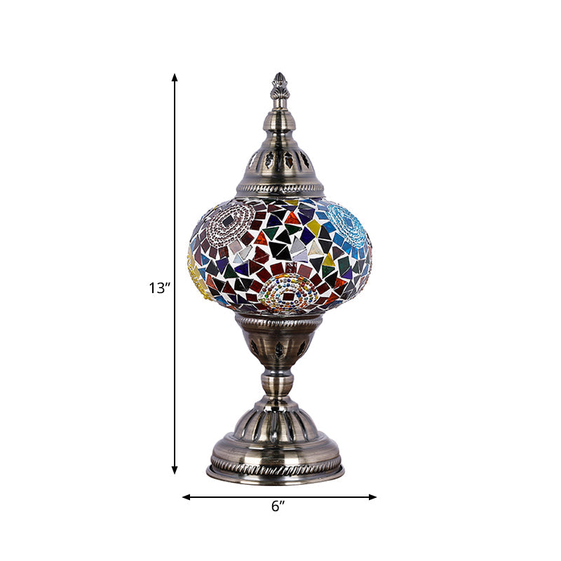 Nickel Tower Nightstand Light Mediterranean Style Red/Blue Stained Glass 1 Head Bedroom Table Lamp Clearhalo 'Lamps' 'Table Lamps' Lighting' 359462