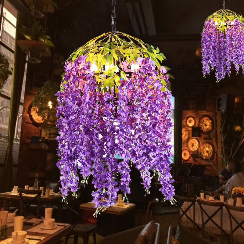 Pink/Purple 4/5 Heads Pendant Chandelier Industrial Metal Dome Hanging Lamp Kit with Plant Design, 18