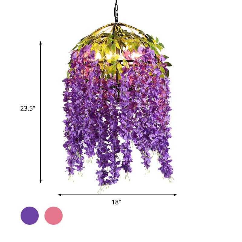 Pink/Purple 4/5 Heads Pendant Chandelier Industrial Metal Dome Hanging Lamp Kit with Plant Design, 18