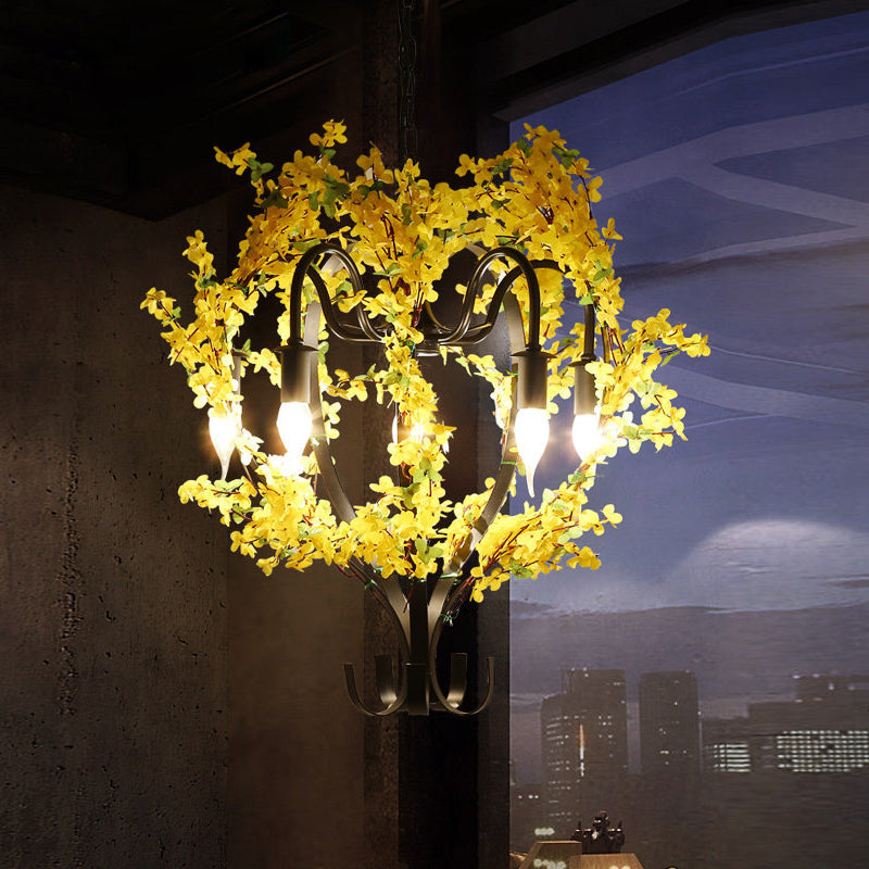 5 Heads Lantern Ceiling Pendant Industrial Yellow Metal Chandelier Light with Flower Decoration Clearhalo 'Cast Iron' 'Ceiling Lights' 'Chandeliers' 'Industrial Chandeliers' 'Industrial' 'Metal' 'Middle Century Chandeliers' 'Rustic Chandeliers' 'Tiffany' Lighting' 359747