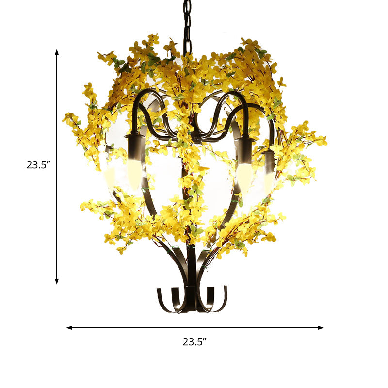 5 Heads Lantern Ceiling Pendant Industrial Yellow Metal Chandelier Light with Flower Decoration Clearhalo 'Cast Iron' 'Ceiling Lights' 'Chandeliers' 'Industrial Chandeliers' 'Industrial' 'Metal' 'Middle Century Chandeliers' 'Rustic Chandeliers' 'Tiffany' Lighting' 359749