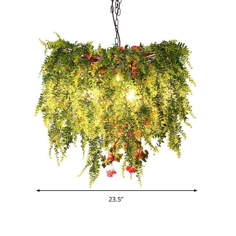 Green LED Ceiling Light Industrial Metal Open Cage Chandelier Lighting with Plant Decoration, 18