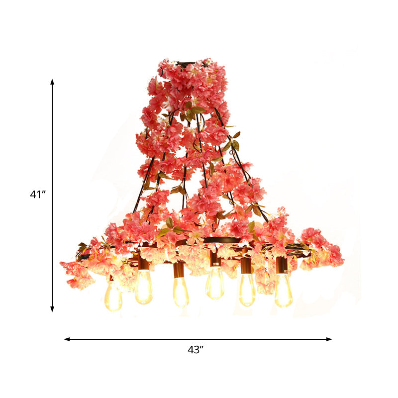 Bare Bulb Restaurant Chandelier Light Industrial 6 Bulbs LED Pink Flower Hanging Lamp Clearhalo 'Cast Iron' 'Ceiling Lights' 'Chandeliers' 'Industrial Chandeliers' 'Industrial' 'Metal' 'Middle Century Chandeliers' 'Rustic Chandeliers' 'Tiffany' Lighting' 359823