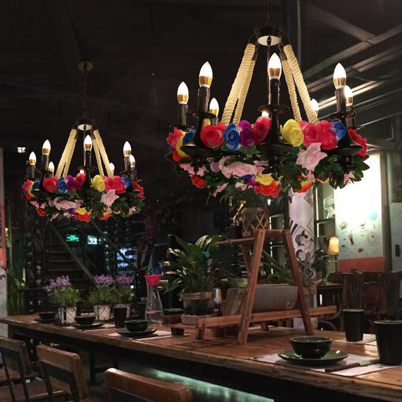 Vintage Candle Chandelier Light Fixture 6 Heads Hemp Rope LED Flower Pendant Lamp in Black for Restaurant Black Clearhalo 'Ceiling Lights' 'Chandeliers' 'Industrial Chandeliers' 'Industrial' 'Middle Century Chandeliers' 'Tiffany' Lighting' 359881