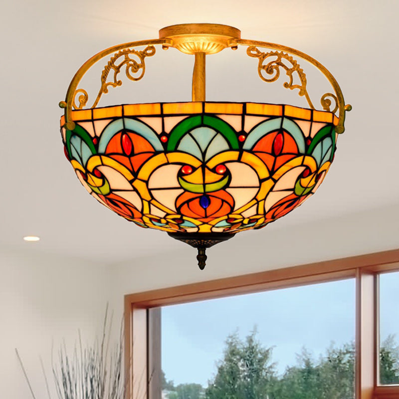 3 Lights Semi-Flush Lighting Mediterranean Domed Cut Glass Ceiling Fixture in Orange Orange Clearhalo 'Ceiling Lights' 'Close To Ceiling Lights' 'Close to ceiling' 'Glass shade' 'Glass' 'Semi-flushmount' 'Tiffany close to ceiling' 'Tiffany' Lighting' 360516