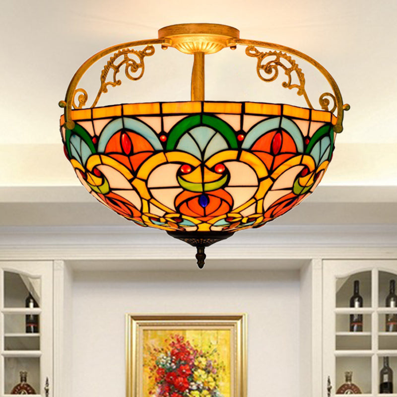 3 Lights Semi-Flush Lighting Mediterranean Domed Cut Glass Ceiling Fixture in Orange Clearhalo 'Ceiling Lights' 'Close To Ceiling Lights' 'Close to ceiling' 'Glass shade' 'Glass' 'Semi-flushmount' 'Tiffany close to ceiling' 'Tiffany' Lighting' 360517