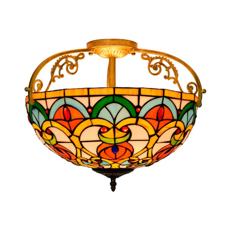 3 Lights Semi-Flush Lighting Mediterranean Domed Cut Glass Ceiling Fixture in Orange Clearhalo 'Ceiling Lights' 'Close To Ceiling Lights' 'Close to ceiling' 'Glass shade' 'Glass' 'Semi-flushmount' 'Tiffany close to ceiling' 'Tiffany' Lighting' 360518