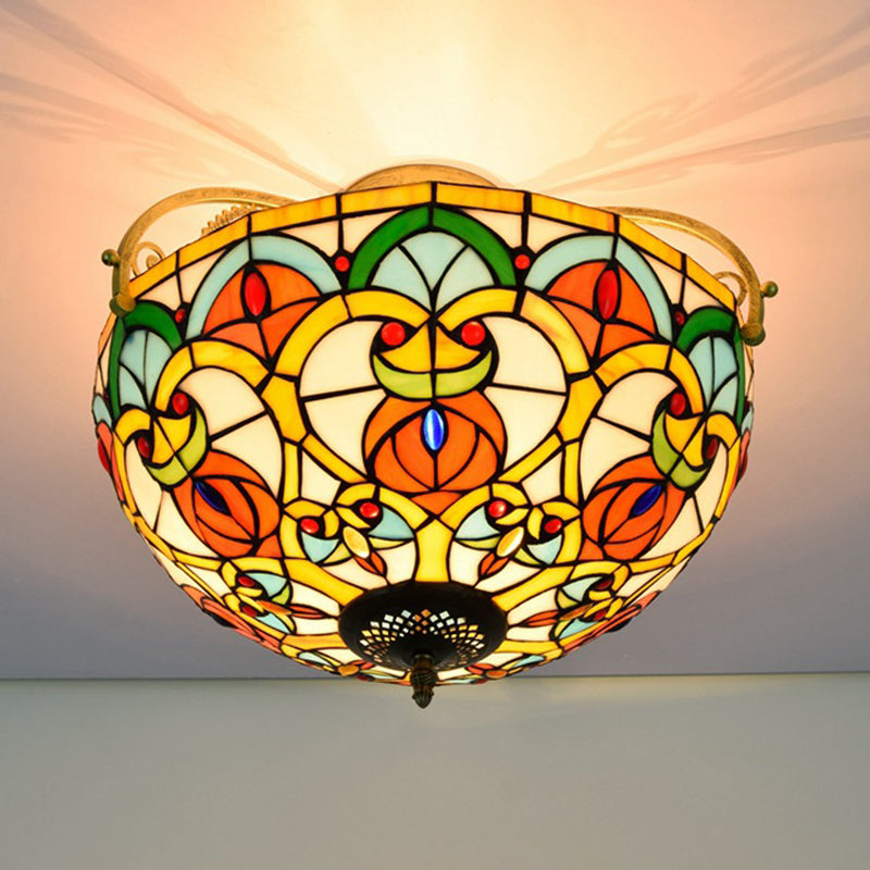 3 Lights Semi-Flush Lighting Mediterranean Domed Cut Glass Ceiling Fixture in Orange Clearhalo 'Ceiling Lights' 'Close To Ceiling Lights' 'Close to ceiling' 'Glass shade' 'Glass' 'Semi-flushmount' 'Tiffany close to ceiling' 'Tiffany' Lighting' 360519