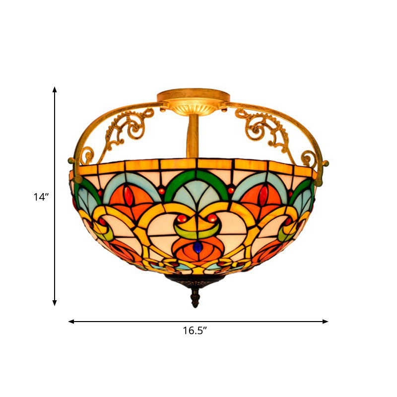 3 Lights Semi-Flush Lighting Mediterranean Domed Cut Glass Ceiling Fixture in Orange Clearhalo 'Ceiling Lights' 'Close To Ceiling Lights' 'Close to ceiling' 'Glass shade' 'Glass' 'Semi-flushmount' 'Tiffany close to ceiling' 'Tiffany' Lighting' 360520