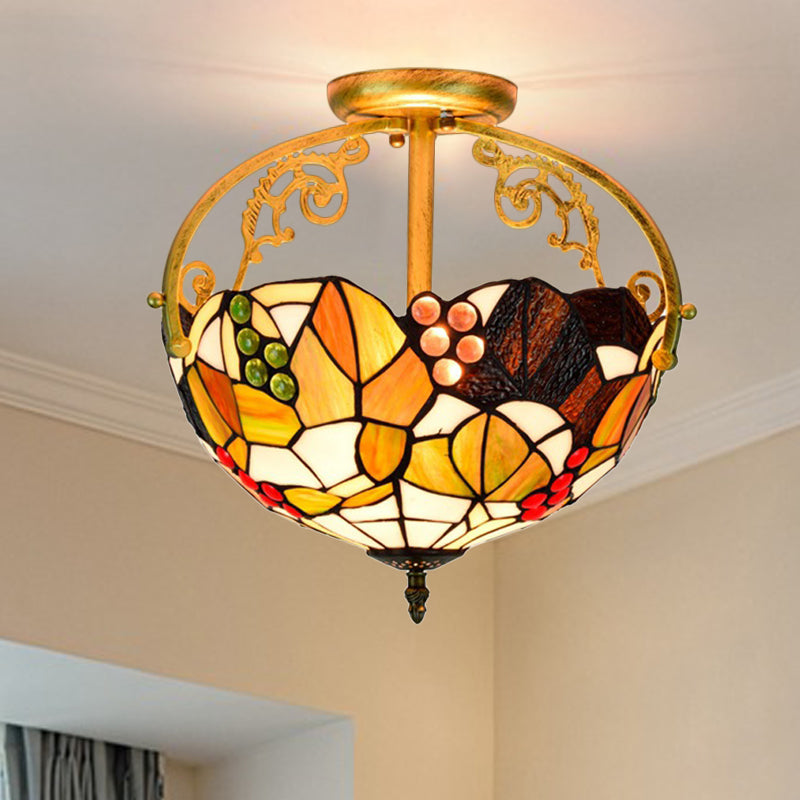 Brass 2/3 Lights Semi-Flush Mount Light Tiffany Cut Glass Bowl Ceiling Fixture for Bedroom 2 Brass Clearhalo 'Ceiling Lights' 'Close To Ceiling Lights' 'Close to ceiling' 'Glass shade' 'Glass' 'Semi-flushmount' 'Tiffany close to ceiling' 'Tiffany' Lighting' 360521