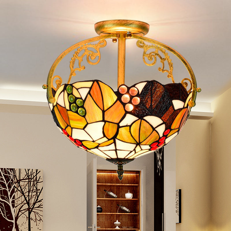 Brass 2/3 Lights Semi-Flush Mount Light Tiffany Cut Glass Bowl Ceiling Fixture for Bedroom Clearhalo 'Ceiling Lights' 'Close To Ceiling Lights' 'Close to ceiling' 'Glass shade' 'Glass' 'Semi-flushmount' 'Tiffany close to ceiling' 'Tiffany' Lighting' 360522