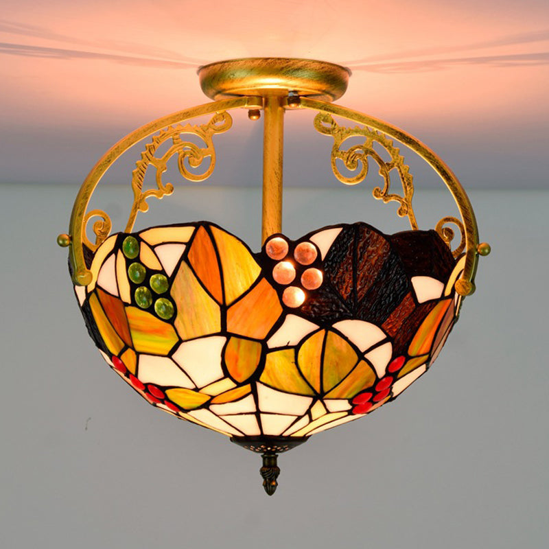 Brass 2/3 Lights Semi-Flush Mount Light Tiffany Cut Glass Bowl Ceiling Fixture for Bedroom Clearhalo 'Ceiling Lights' 'Close To Ceiling Lights' 'Close to ceiling' 'Glass shade' 'Glass' 'Semi-flushmount' 'Tiffany close to ceiling' 'Tiffany' Lighting' 360524