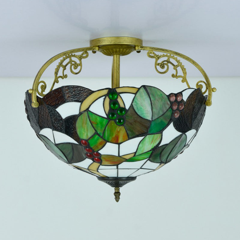 Brass 2/3 Lights Semi-Flush Mount Light Tiffany Cut Glass Bowl Ceiling Fixture for Bedroom Clearhalo 'Ceiling Lights' 'Close To Ceiling Lights' 'Close to ceiling' 'Glass shade' 'Glass' 'Semi-flushmount' 'Tiffany close to ceiling' 'Tiffany' Lighting' 360527