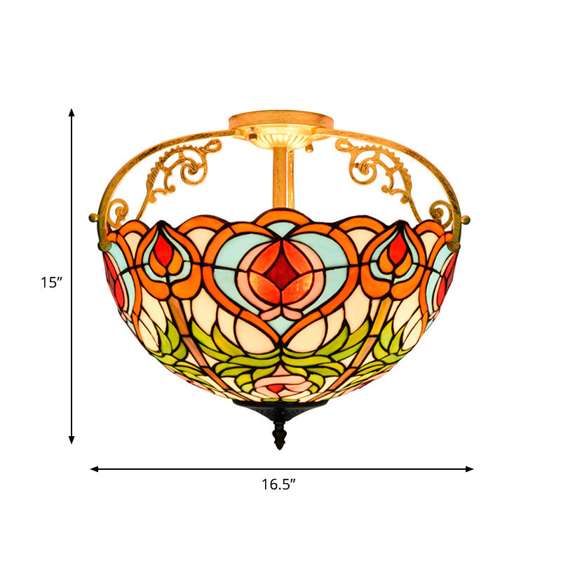 2/3 Lights Petal Semi Flush Mediterranean Red Cut Glass Close to Ceiling Lamp for Bedroom Clearhalo 'Ceiling Lights' 'Close To Ceiling Lights' 'Close to ceiling' 'Glass shade' 'Glass' 'Semi-flushmount' 'Tiffany close to ceiling' 'Tiffany' Lighting' 360537