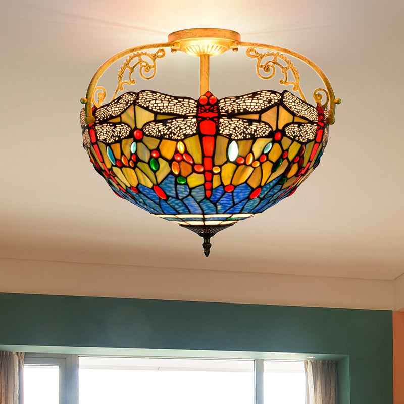 Cut Glass Dragonfly Semi Flush Mount Mediterranean 3 Lights Yellow/Orange/Blue Ceiling Light Fixture for Corridor Blue Clearhalo 'Ceiling Lights' 'Close To Ceiling Lights' 'Close to ceiling' 'Glass shade' 'Glass' 'Semi-flushmount' 'Tiffany close to ceiling' 'Tiffany' Lighting' 360560