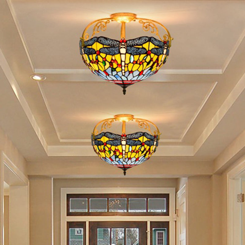 Cut Glass Dragonfly Semi Flush Mount Mediterranean 3 Lights Yellow/Orange/Blue Ceiling Light Fixture for Corridor Light Blue-Yellow Clearhalo 'Ceiling Lights' 'Close To Ceiling Lights' 'Close to ceiling' 'Glass shade' 'Glass' 'Semi-flushmount' 'Tiffany close to ceiling' 'Tiffany' Lighting' 360565