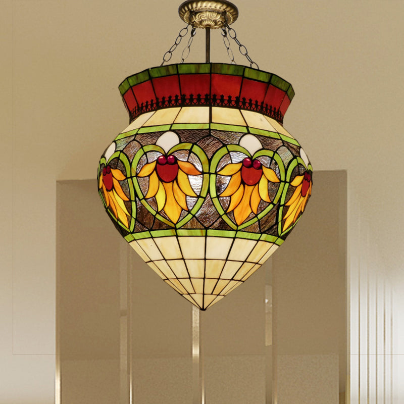 Green 3 Lights Semi Flush Mount Light Tiffany Style Stained Glass Flower Ceiling Lighting for Corridor Clearhalo 'Ceiling Lights' 'Close To Ceiling Lights' 'Close to ceiling' 'Glass shade' 'Glass' 'Semi-flushmount' 'Tiffany close to ceiling' 'Tiffany' Lighting' 360578