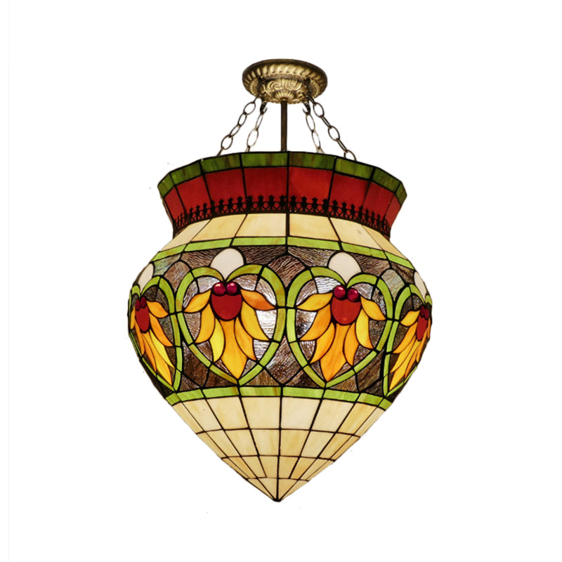 Green 3 Lights Semi Flush Mount Light Tiffany Style Stained Glass Flower Ceiling Lighting for Corridor Clearhalo 'Ceiling Lights' 'Close To Ceiling Lights' 'Close to ceiling' 'Glass shade' 'Glass' 'Semi-flushmount' 'Tiffany close to ceiling' 'Tiffany' Lighting' 360579