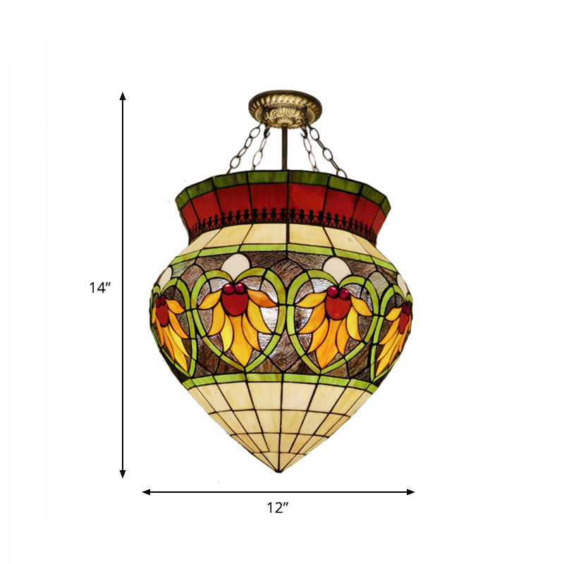 Green 3 Lights Semi Flush Mount Light Tiffany Style Stained Glass Flower Ceiling Lighting for Corridor Clearhalo 'Ceiling Lights' 'Close To Ceiling Lights' 'Close to ceiling' 'Glass shade' 'Glass' 'Semi-flushmount' 'Tiffany close to ceiling' 'Tiffany' Lighting' 360580