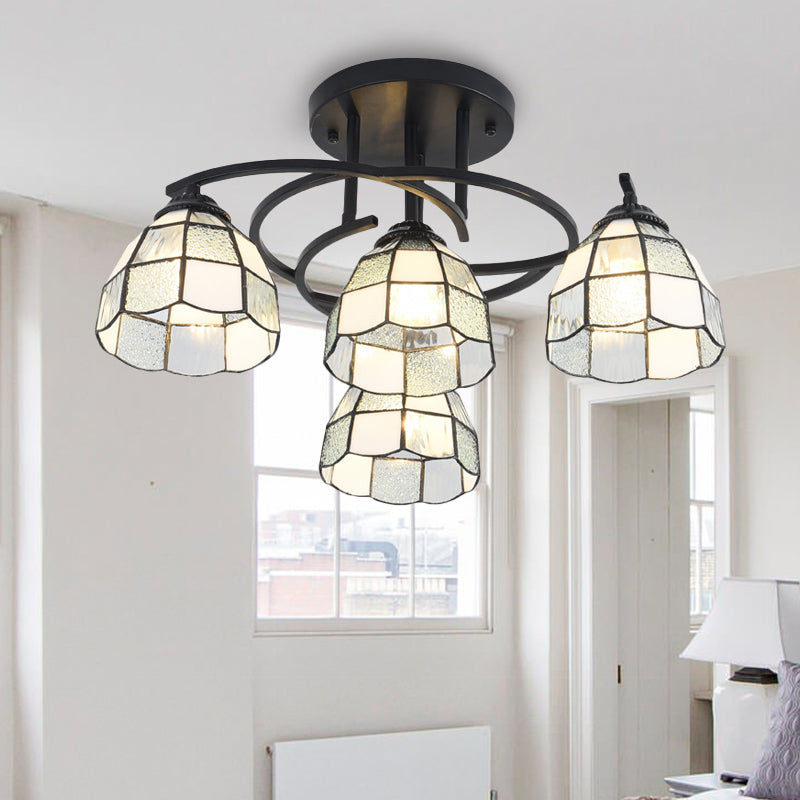 4 Lights Bedroom Semi Flush Mount Light Mediterranean Black Ceiling Lamp with Cone/Dome White/Beige/Blue Glass Shade White Clearhalo 'Ceiling Lights' 'Close To Ceiling Lights' 'Close to ceiling' 'Glass shade' 'Glass' 'Semi-flushmount' 'Tiffany close to ceiling' 'Tiffany' Lighting' 360596