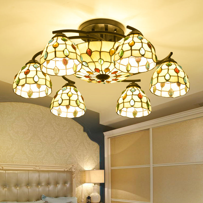 Tiffany Beaded Semi Flush Light 9/11 Lights Beige Glass Ceiling Mounted Fixture for Bedroom Clearhalo 'Ceiling Lights' 'Close To Ceiling Lights' 'Close to ceiling' 'Glass shade' 'Glass' 'Semi-flushmount' 'Tiffany close to ceiling' 'Tiffany' Lighting' 360623