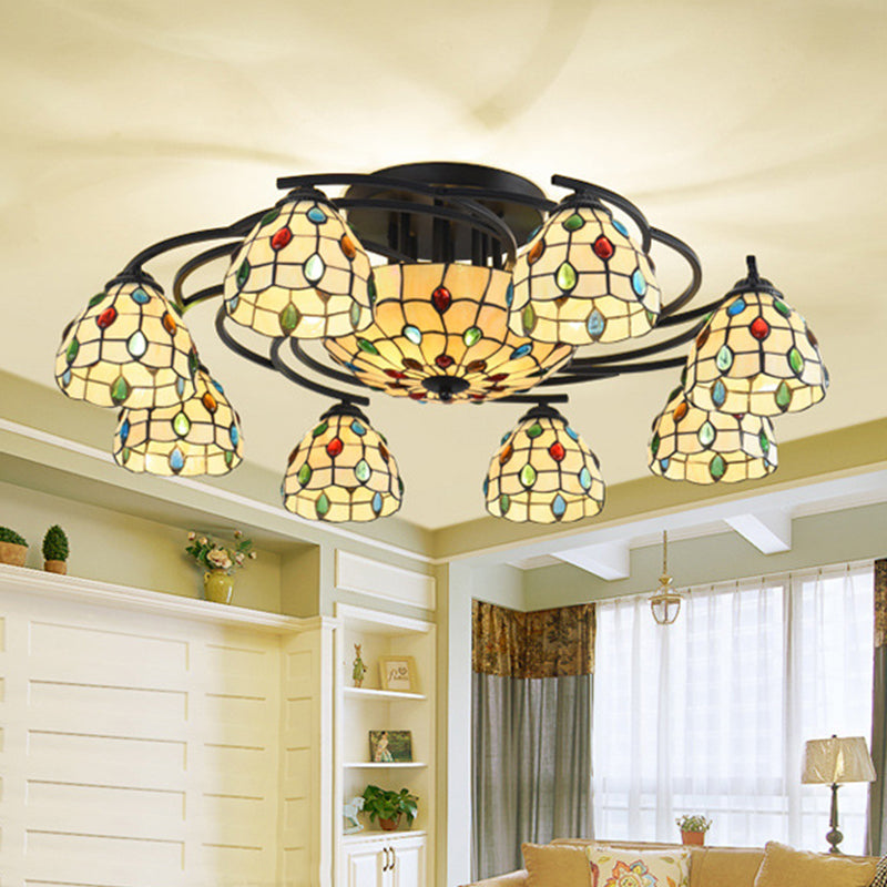 Tiffany Beaded Semi Flush Light 9/11 Lights Beige Glass Ceiling Mounted Fixture for Bedroom 11 Beige Clearhalo 'Ceiling Lights' 'Close To Ceiling Lights' 'Close to ceiling' 'Glass shade' 'Glass' 'Semi-flushmount' 'Tiffany close to ceiling' 'Tiffany' Lighting' 360627