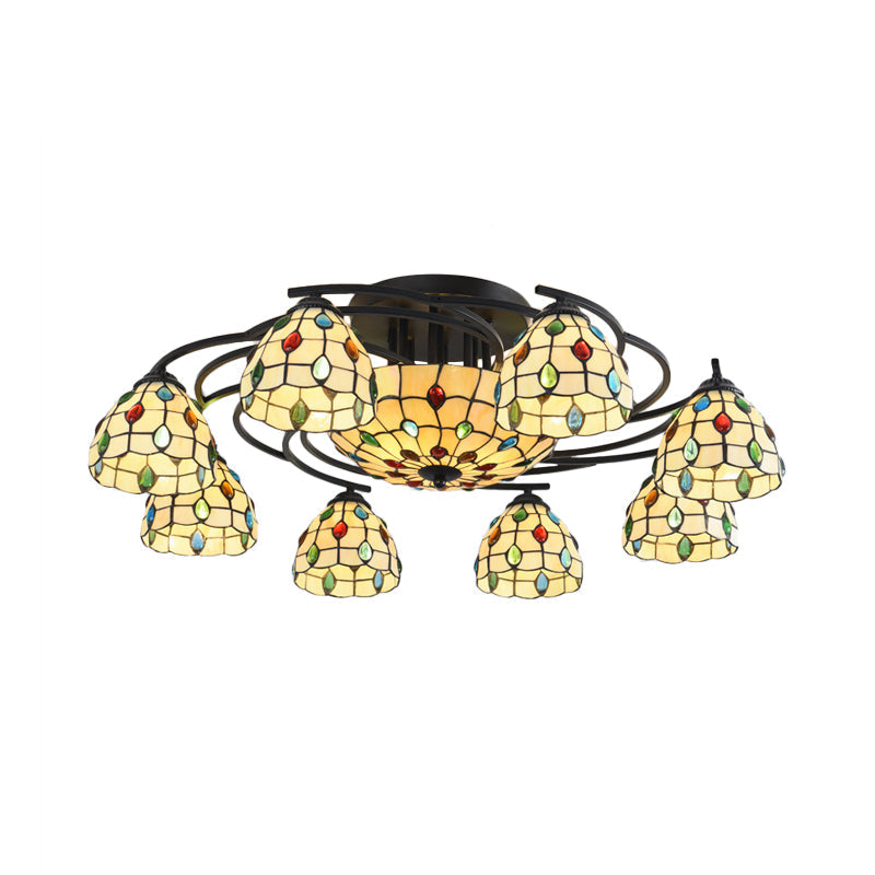 Tiffany Beaded Semi Flush Light 9/11 Lights Beige Glass Ceiling Mounted Fixture for Bedroom Clearhalo 'Ceiling Lights' 'Close To Ceiling Lights' 'Close to ceiling' 'Glass shade' 'Glass' 'Semi-flushmount' 'Tiffany close to ceiling' 'Tiffany' Lighting' 360629