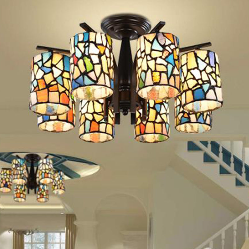 6/8 Lights Semi Flush Light Mediterranean Cylinder Cut Glass Ceiling Mount in Black for Living Room 8 Black Clearhalo 'Ceiling Lights' 'Close To Ceiling Lights' 'Close to ceiling' 'Glass shade' 'Glass' 'Semi-flushmount' 'Tiffany close to ceiling' 'Tiffany' Lighting' 360646