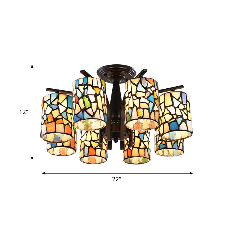 6/8 Lights Semi Flush Light Mediterranean Cylinder Cut Glass Ceiling Mount in Black for Living Room Clearhalo 'Ceiling Lights' 'Close To Ceiling Lights' 'Close to ceiling' 'Glass shade' 'Glass' 'Semi-flushmount' 'Tiffany close to ceiling' 'Tiffany' Lighting' 360650