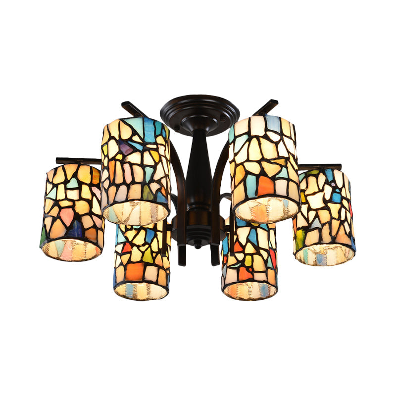 6/8 Lights Semi Flush Light Mediterranean Cylinder Cut Glass Ceiling Mount in Black for Living Room Clearhalo 'Ceiling Lights' 'Close To Ceiling Lights' 'Close to ceiling' 'Glass shade' 'Glass' 'Semi-flushmount' 'Tiffany close to ceiling' 'Tiffany' Lighting' 360652