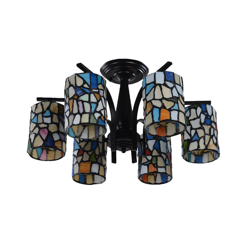 6/8 Lights Semi Flush Light Mediterranean Cylinder Cut Glass Ceiling Mount in Black for Living Room Clearhalo 'Ceiling Lights' 'Close To Ceiling Lights' 'Close to ceiling' 'Glass shade' 'Glass' 'Semi-flushmount' 'Tiffany close to ceiling' 'Tiffany' Lighting' 360653