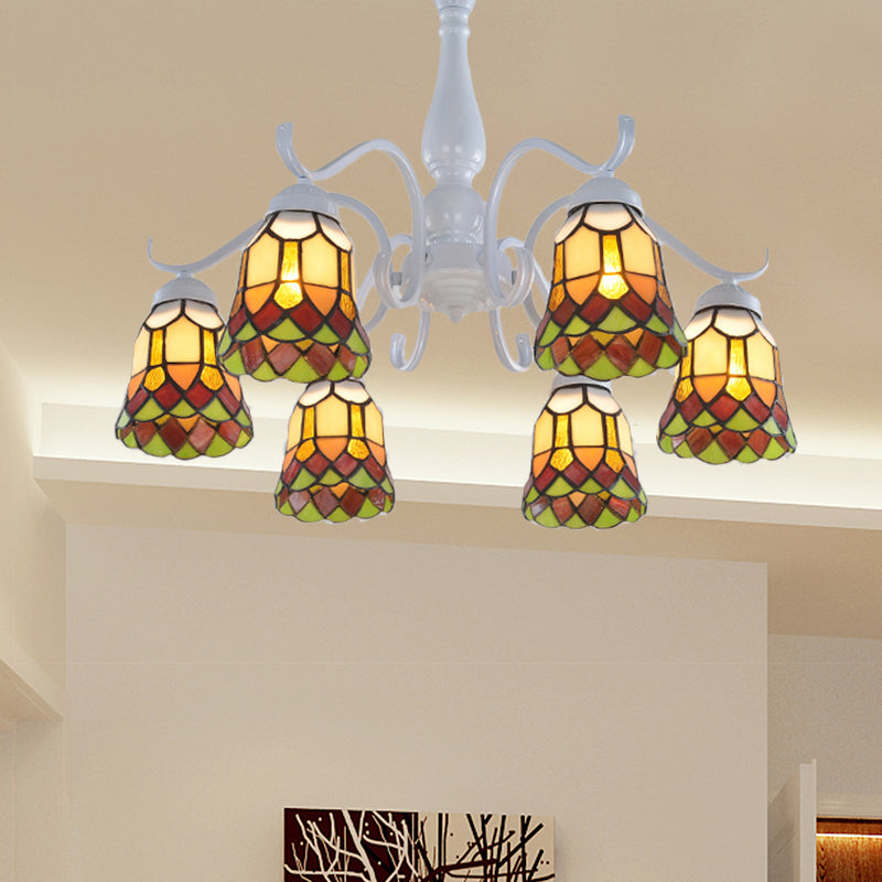 6/8 Lights Bell Ceiling Flush Mount Mediterranean White Stained Glass Semi Flush for Living Room 6 White Clearhalo 'Ceiling Lights' 'Close To Ceiling Lights' 'Close to ceiling' 'Glass shade' 'Glass' 'Semi-flushmount' 'Tiffany close to ceiling' 'Tiffany' Lighting' 360655