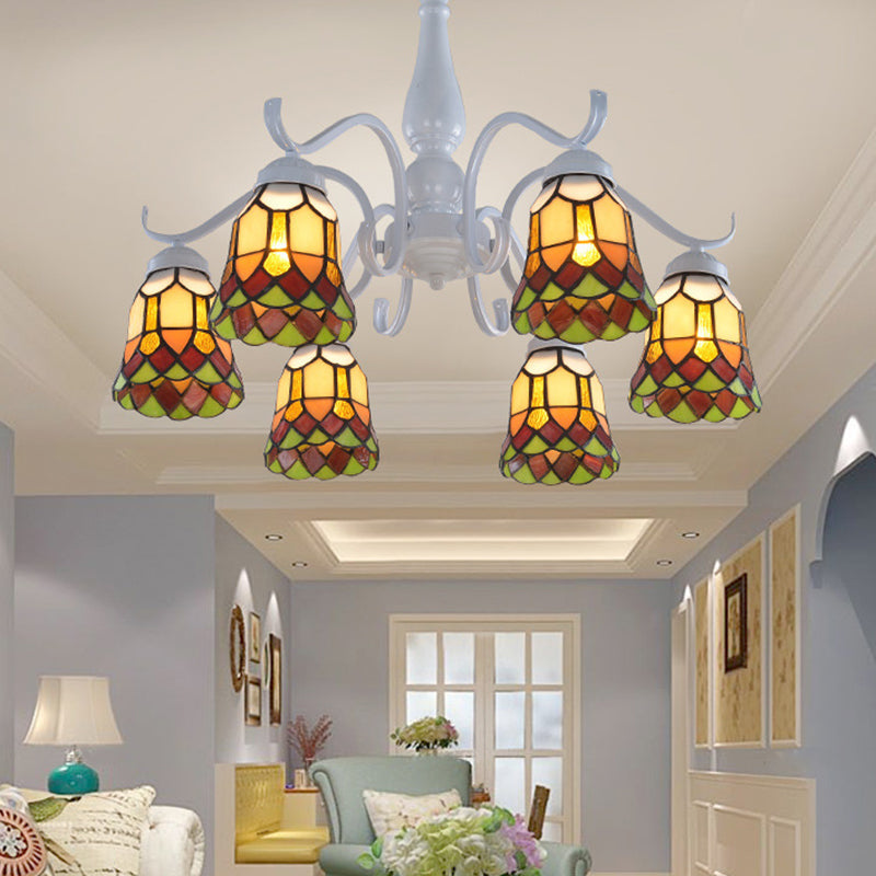 6/8 Lights Bell Ceiling Flush Mount Mediterranean White Stained Glass Semi Flush for Living Room Clearhalo 'Ceiling Lights' 'Close To Ceiling Lights' 'Close to ceiling' 'Glass shade' 'Glass' 'Semi-flushmount' 'Tiffany close to ceiling' 'Tiffany' Lighting' 360656