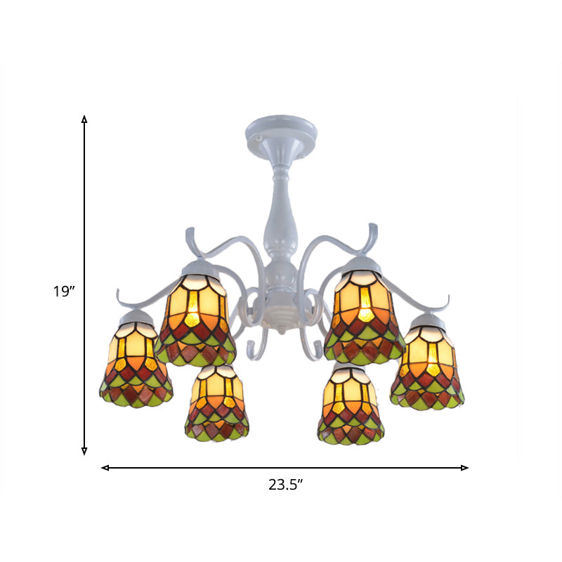 6/8 Lights Bell Ceiling Flush Mount Mediterranean White Stained Glass Semi Flush for Living Room Clearhalo 'Ceiling Lights' 'Close To Ceiling Lights' 'Close to ceiling' 'Glass shade' 'Glass' 'Semi-flushmount' 'Tiffany close to ceiling' 'Tiffany' Lighting' 360659