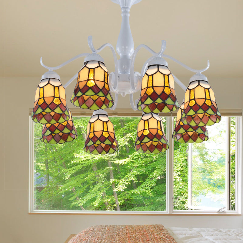 6/8 Lights Bell Ceiling Flush Mount Mediterranean White Stained Glass Semi Flush for Living Room 8 White Clearhalo 'Ceiling Lights' 'Close To Ceiling Lights' 'Close to ceiling' 'Glass shade' 'Glass' 'Semi-flushmount' 'Tiffany close to ceiling' 'Tiffany' Lighting' 360660