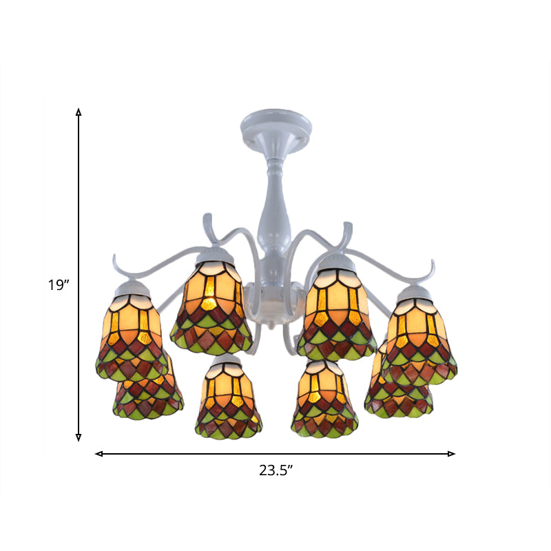 6/8 Lights Bell Ceiling Flush Mount Mediterranean White Stained Glass Semi Flush for Living Room Clearhalo 'Ceiling Lights' 'Close To Ceiling Lights' 'Close to ceiling' 'Glass shade' 'Glass' 'Semi-flushmount' 'Tiffany close to ceiling' 'Tiffany' Lighting' 360664