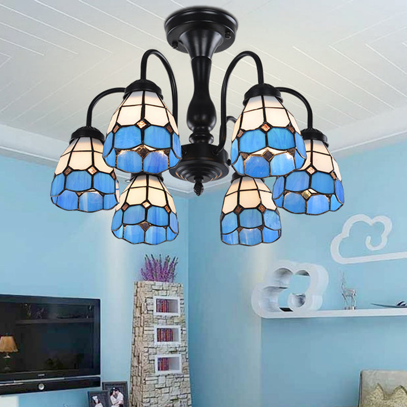 Domed Cut Glass Semi Mount Lighting Baroque Stylish 6/8 Lights Blue Ceiling Light Fixture 6 Blue Clearhalo 'Ceiling Lights' 'Close To Ceiling Lights' 'Close to ceiling' 'Glass shade' 'Glass' 'Semi-flushmount' 'Tiffany close to ceiling' 'Tiffany' Lighting' 360673